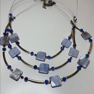 Blue and Goldtone chunky square shell wire  Necklace 21 inches multi strand